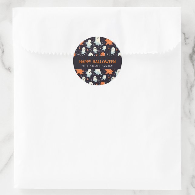 Fun White & Orange Ghosts Happy Halloween Runder Aufkleber (Tasche)