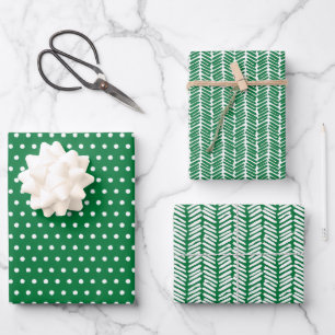 Fun White Polka zeigt Zickzack Streifen auf grün Geschenkpapier Set