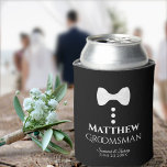 Fun White Tie Groomsman Wedding Foam Can Cooler Dosenkühler<br><div class="desc">These fun foam can coolers are designed as gifts or favors for your groomsmen. They feature a fun design of a white tie with three buttons on a black background, conjuring the idea of a tuxedo. The text reads "Groomsman" and has a space for his name as well as the...</div>
