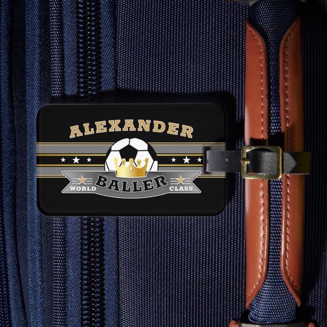 Fun World Class Baller mit FOOTBALL auf BLACK Gepäckanhänger (Vorderseite Insitu 4)