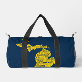 Fun Yellow and Navy Blue Staat in Michigan Cities Duffle Bag
