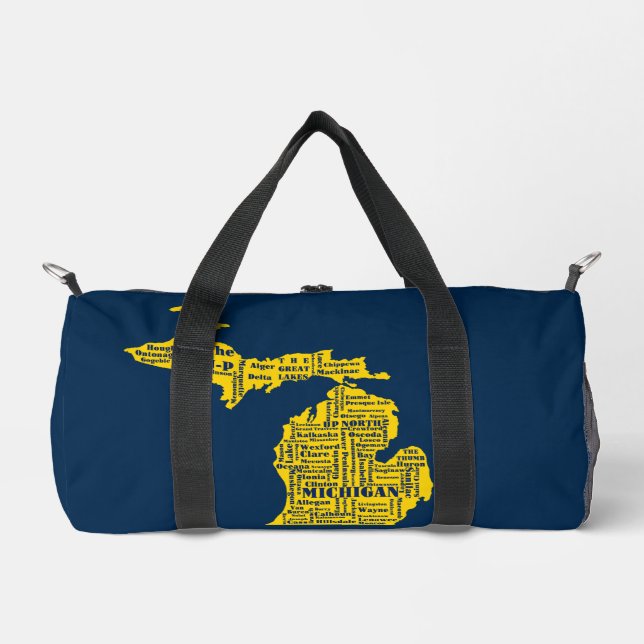 Fun Yellow and Navy Blue Staat in Michigan Cities Duffle Bag (Vorderseite)