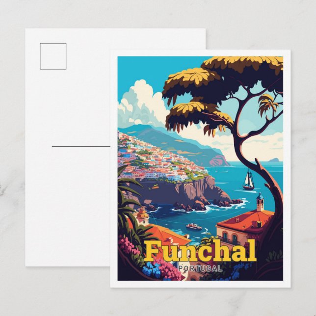 Funchal Portugal Reisen Vintage Illustration Postkarte (Vorne/Hinten)
