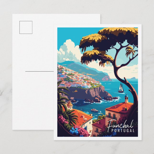 Funchal Portugal Vintage Illustration Postkarte (Vorne/Hinten)