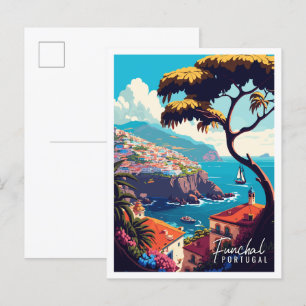 Funchal Portugal Vintage-Reiseillustration Postkarte