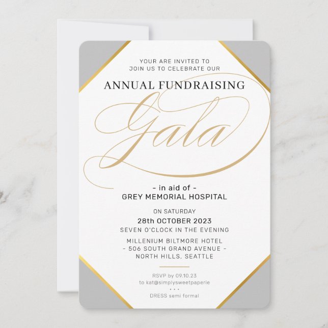 FUNDRAISING GALA elegantes Ereignis Grausilber Gol Einladung (Vorderseite)
