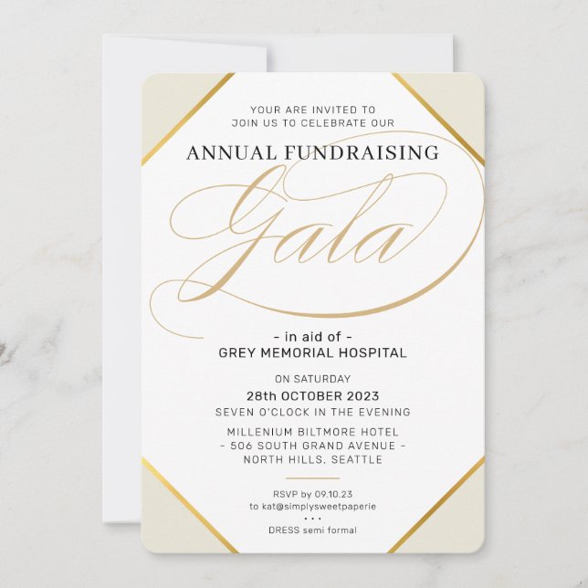FUNDRAISING GALA elegantes modernes Event Elfenbei Einladung (Vorderseite)