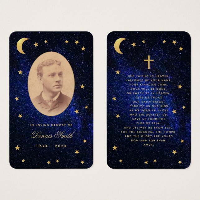 Funérailles Bleu Nuit Or Étoiles Carte de prière c (Devant & derrière)