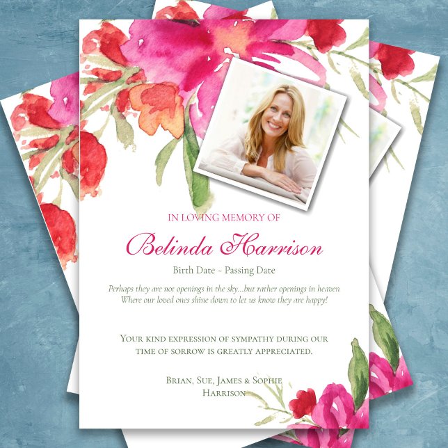 Funérailles Merci Cartes Aquarelle Florales Photo  (Funeral Thank You Card, Watercolor Floral Pink, Sympathy Bereavement Card)