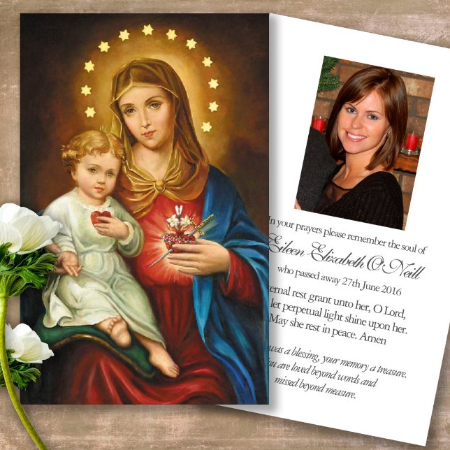 Funéraire Coeur Marie Prière Sympathie Cartes (catholic, religious, celebration of life, in loving memory of, prayer cards for bereavement)