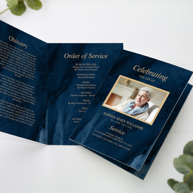 Funeral Blue & Gold Calligraphy Memorial Programme (Créateur téléchargé)