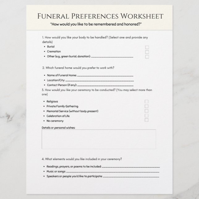  Funeral Preferences Worksheet Briefbogen (Vorderseite)
