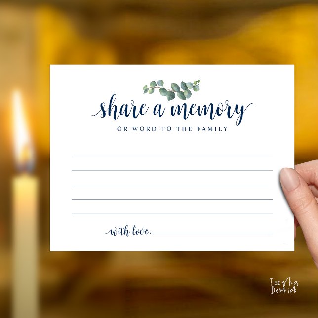 Funeral Service, Share a memory, Sympathy Card Postkarte (Funeral Service, Share a memory, Sympathy Card, with Eucalyptus, in Navy Blue)