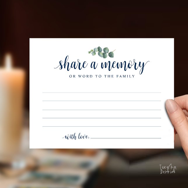 Funeral Service, Share a memory, Sympathy Card Postkarte (Funeral Service, Share a memory, Sympathy Card, with Eucalyptus, in Navy Blue)