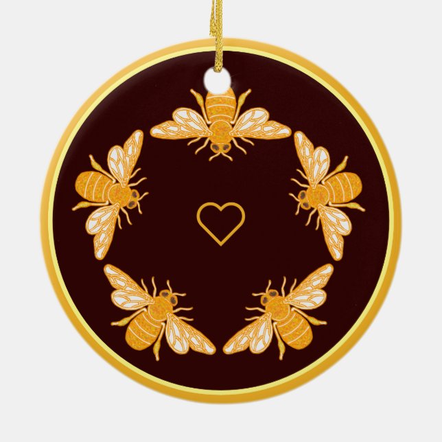 Fünf Bienen auf dunkelbraunem Goldfeldrand Keramik Ornament (Hinten)