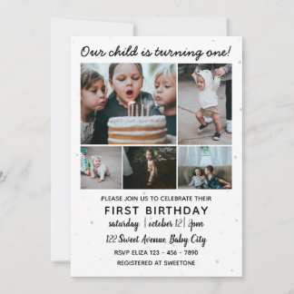 Fünf Bilder Collage Child's erster Geburtstag Einladung