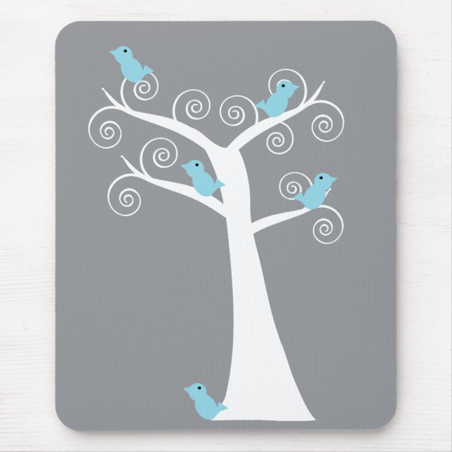 Fünf blaue Vögel in einem Baummousepad Mousepad (Vorne)