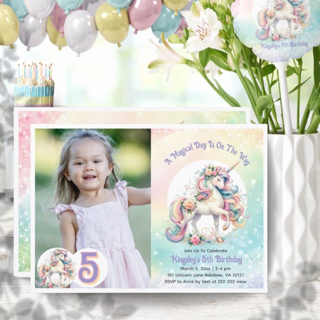 Fünf Einhorn-Pastel-Radiant-Regenbogen-Foto Einladung (5th Five Unicorn Pastel Radiant Rainbow Photo Invitation)