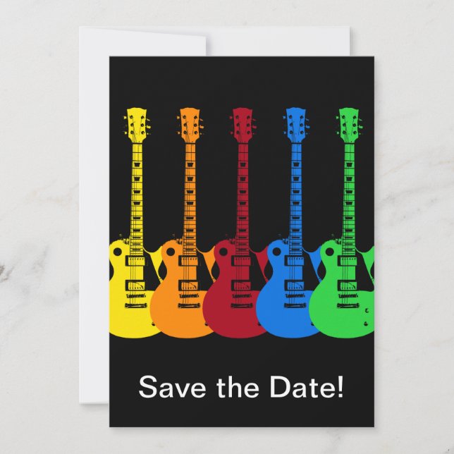 Fünf farbenfrohe E-Gitarren  Save The Date (Vorderseite)