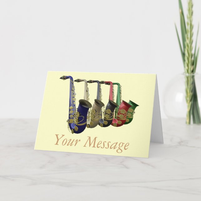 Fünf farbige Saxophone-Grüße-Karte Karte (Vorderseite)