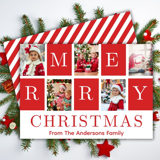 Fünf Foto Collage Red & White Frohe Weihnachten (Five Photo Collage Red & White Merry Christmas Holiday Card)