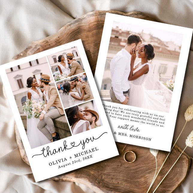 Fünf Foto Collage Script Heart Wedding Dankeskarte (Von Creator hochgeladen)