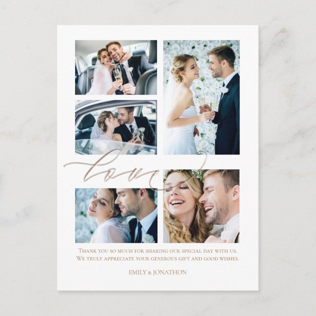 Fünf Foto Collage Script Liebe Hochzeit Vielen Dan Postkarte (Vorderseite)