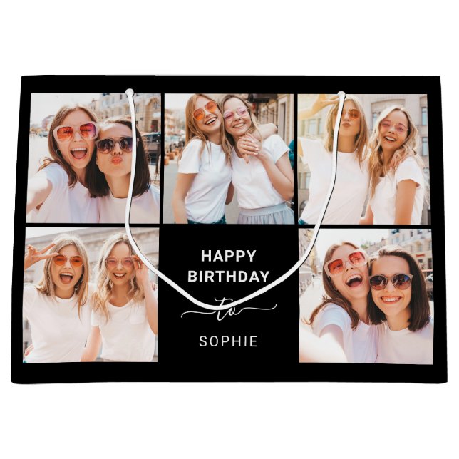 Fünf Foto Grid | Black Happy Birthday Große Geschenktüte (Vorderseite)