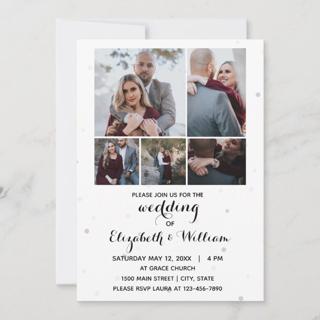 Fünf Fotos Collage Elegante Hochzeit Einladung (Vorderseite)