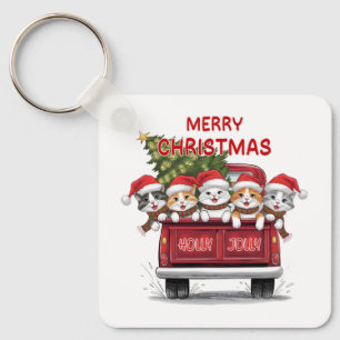 Fünf fröhliche Weihnachtskatzen roter LKW Schlüsselanhänger