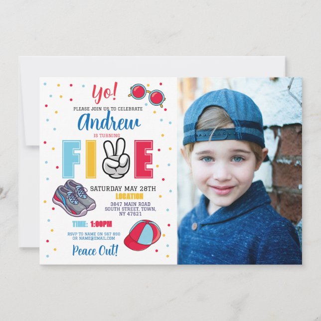 Fünf Geburtstage Frieden aus dir! Summer Boys Einladung (Vorderseite)