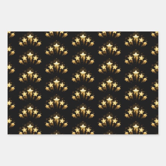 Fünf goldene Sterne auf schwarz Geschenkpapier Set (Vorderseite)