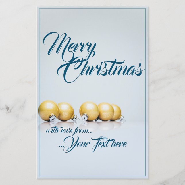 Fünf goldene Weihnachtsbälle - blaues Schreiben (Vorderseite)