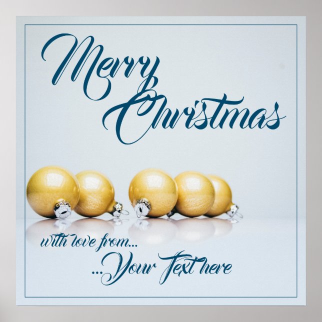 Fünf goldene Weihnachtsbälle - blaues Schreiben Poster (Vorne)