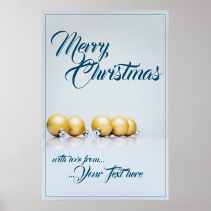Fünf goldene Weihnachtsbälle - blaues Schreiben Poster