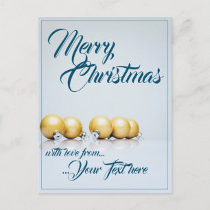 Fünf goldene Weihnachtskugeln - blaue Schrift Feiertagspostkarte