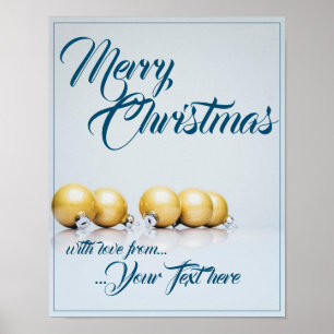 Fünf goldene Weihnachtskugeln - blaue Schrift Poster