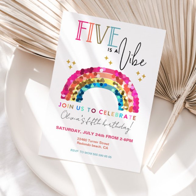 FÜNF ist ein VIBE farbiger Regenbogen 5. Geburtsta Einladung (Rainbow birthday invitation, Five is a vibe, sequin rainbow, 5th birthday girl)