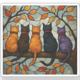 Fünf Katzen auf einem Baumzweig im Buntglasstil Aufkleber