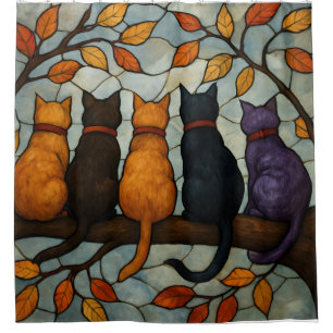 Fünf Katzen auf einem Baumzweig im Buntglasstil Duschvorhang