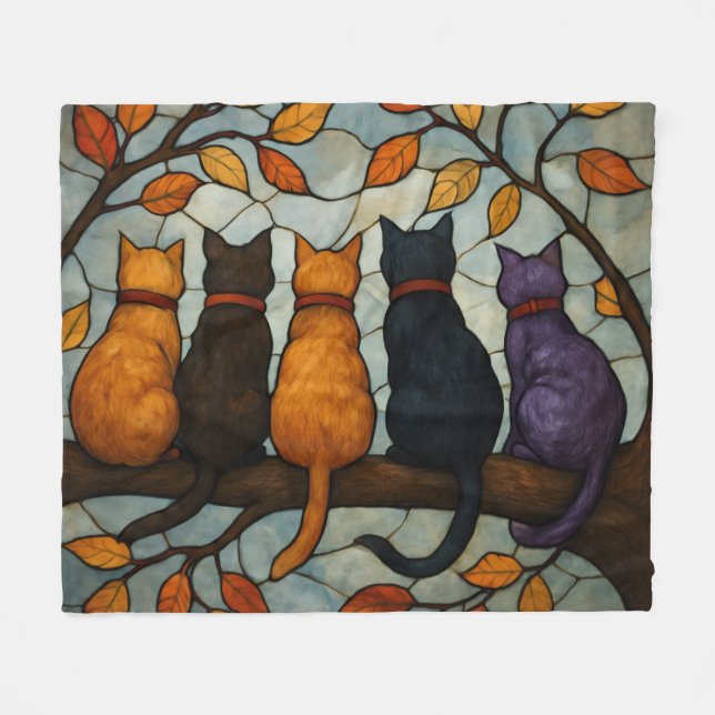 Fünf Katzen auf einem Baumzweig im Buntglasstil Fleecedecke (Vorderseite (Horizontal))