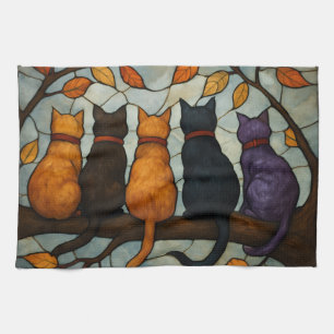 Fünf Katzen auf einem Baumzweig im Buntglasstil Geschirrtuch