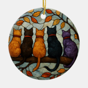 Fünf Katzen auf einem Baumzweig im Buntglasstil Keramik Ornament