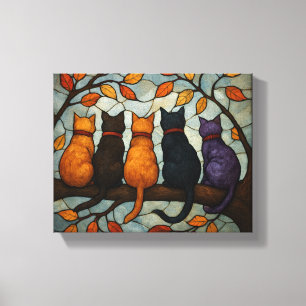 Fünf Katzen auf einem Baumzweig im Buntglasstil Leinwanddruck