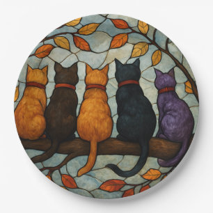 Fünf Katzen auf einem Baumzweig im Buntglasstil Pappteller