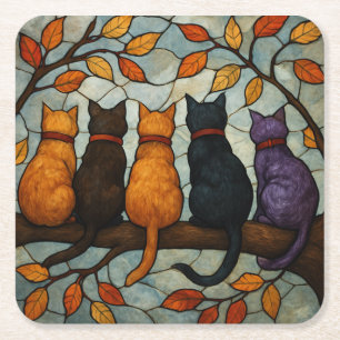 Fünf Katzen auf einem Baumzweig im Buntglasstil Rechteckiger Pappuntersetzer