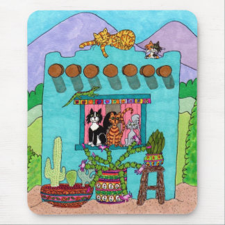 Fünf Katzen in einem Aqua-Adobe-Haus Mousepad