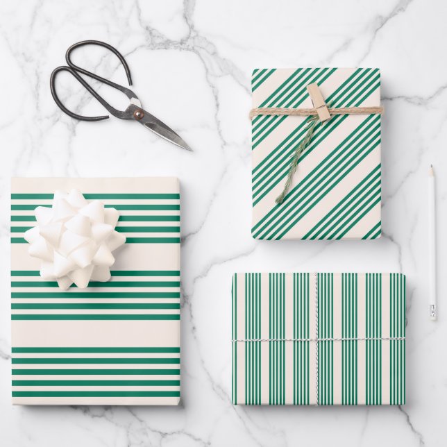 Fünf Streifen, grün und beige Geschenkpapier Set (Vorderseite)