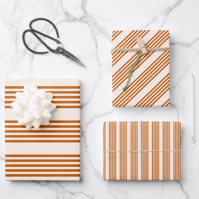 Fünf Streifen in Orange und Beige Geschenkpapier Set (Vorderseite)