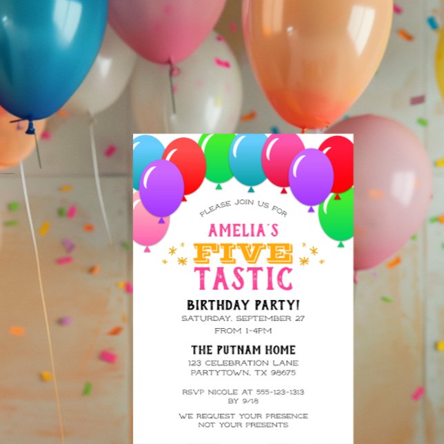 Fünf-tastische 5. Geburtstag Ballon Banner Rosa Einladung (Von Creator hochgeladen)